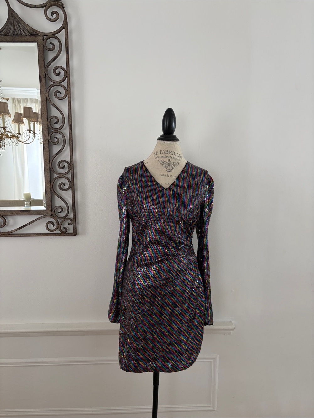 BCBGMaxAzria Metallic Multi-Color Long Sleeve V-Neck Dress